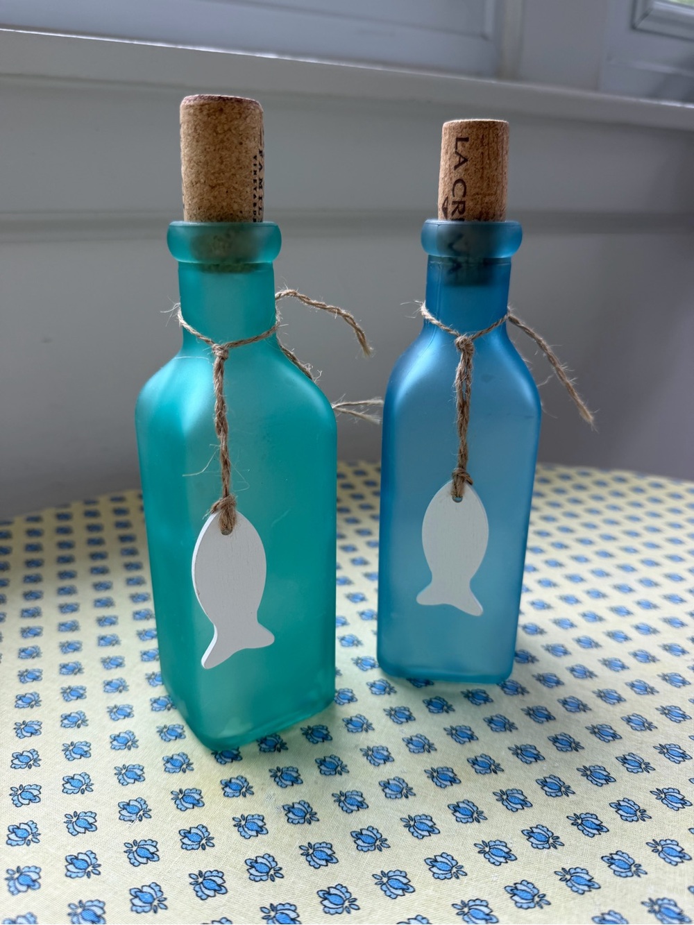 Set of 2 Teal & Aqua Decorative Bottles with Cork Stoppers